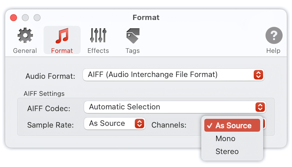 To Audio Converter - AIFF Format Preferences - list of Channels