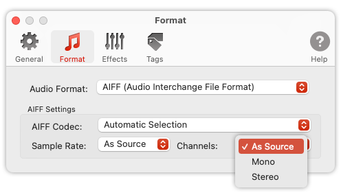 To Audio Converter - AIFF Format Preferences - list of Channels