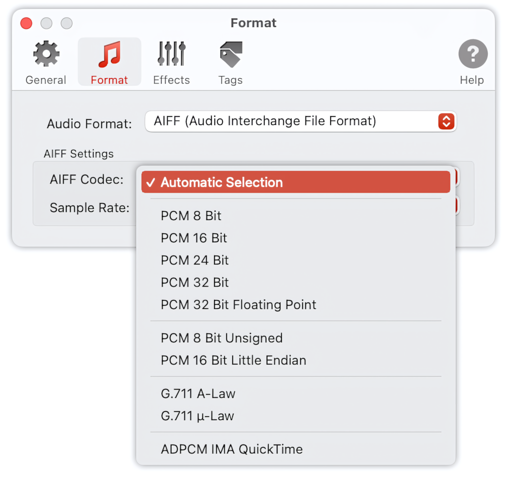 To Audio Converter - AIFF Format Preferences - list of AIFF codecs