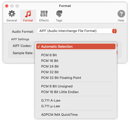 To Audio Converter - AIFF Format Preferences - list of AIFF codecs