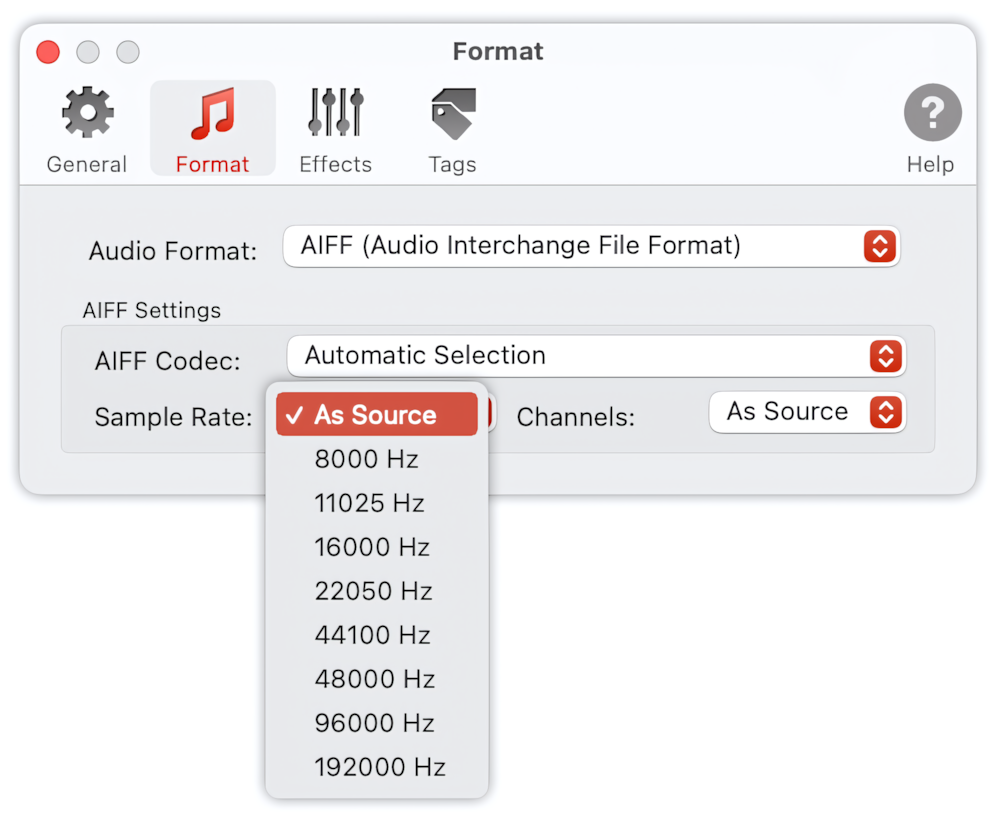 To Audio Converter - AIFF Format Preferences - list of Sample Rates