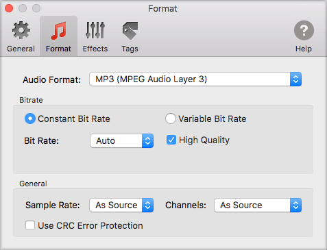 Default MP3 format settings in To Audio Converter for Mac