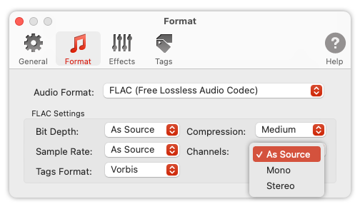 FLAC Format Preferences - List of Channels