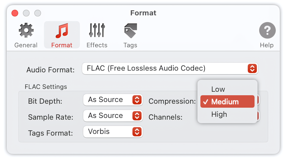 To Audio Converter - FLAC Format Preferences - List of Compression Levels