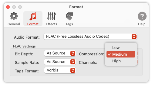 To Audio Converter - FLAC Format Preferences - List of Compresion Levels