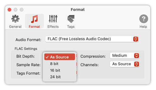To Audio Converter - FLAC Format Preferences - List of Bit Depths
