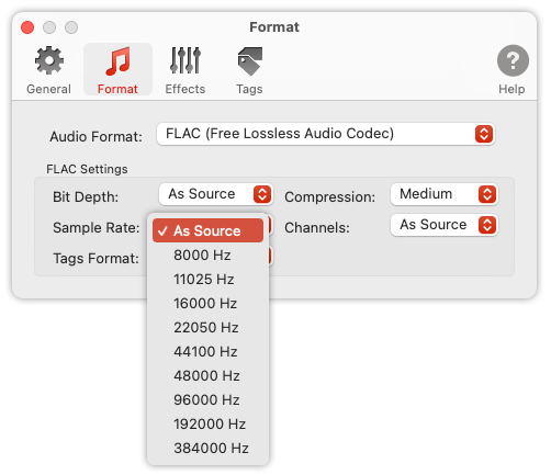 To Audio Converter - FLAC Format Preferences - List of Sample Rates