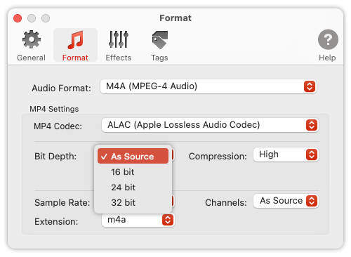 To Audio Converter - MP4/M4A Format Preferences - List of Supported Bit Depths