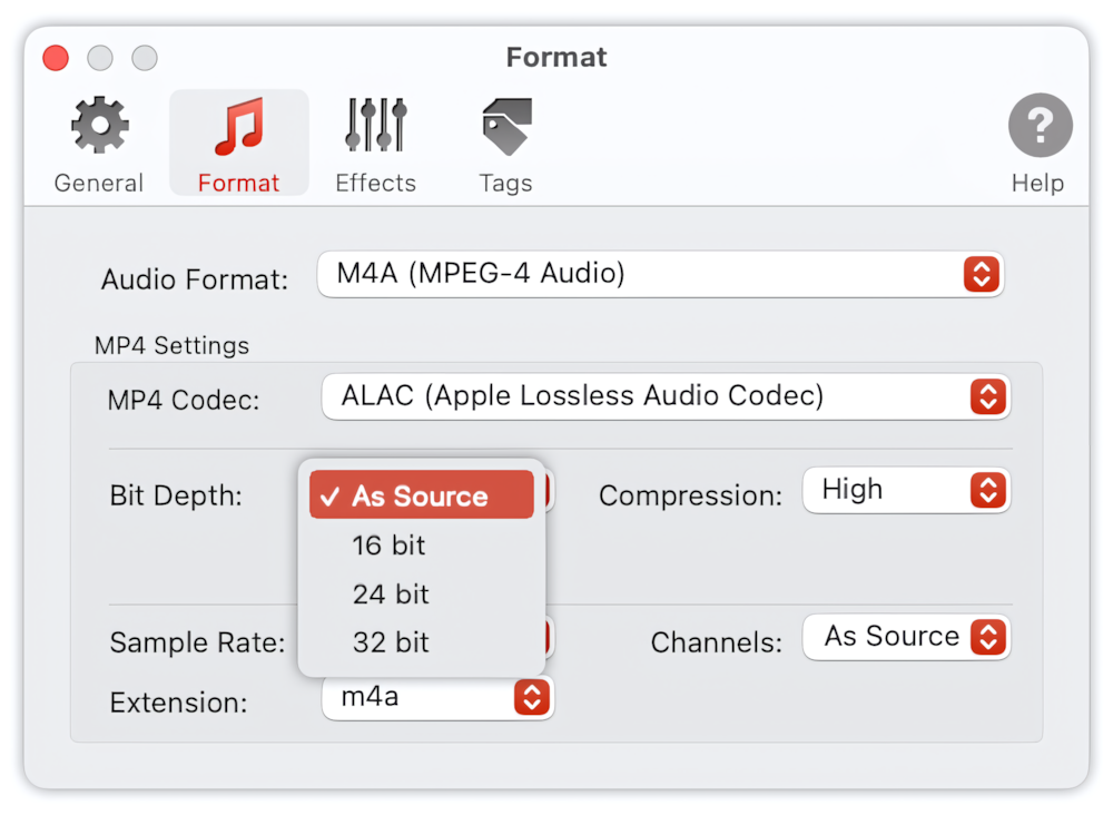 To Audio Converter - MP4/M4A Format Preferences - List of Supported Bit Depths