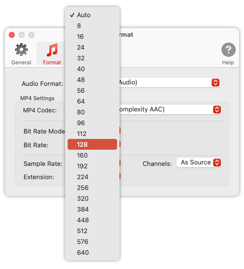 To Audio Converter - MP4/M4A Preferences - List of Supported Bit Rates