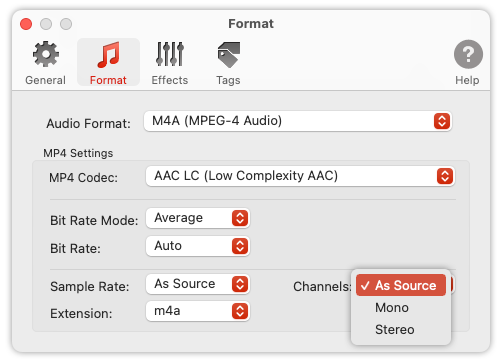 To Audio Converter - MP4/M4A Format Preferences - List of Channels