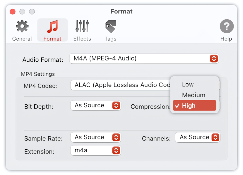 To Audio Converter - MP4/M4A Format Preferences - List of Supported Compression Levels