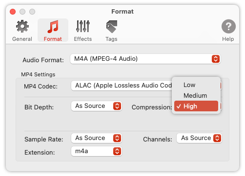 To Audio Converter - MP4/M4A Format Preferences - List of Supported Compression Levels