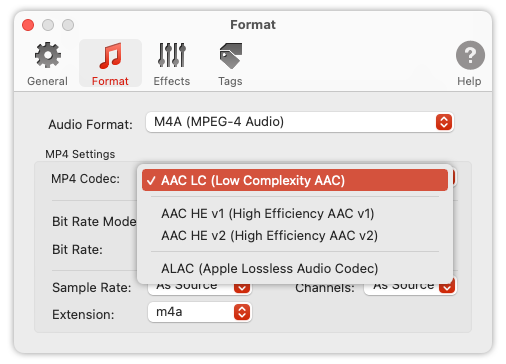 To Audio Converter - MP4/M4A Preferences - List of Supported Audio Codecs