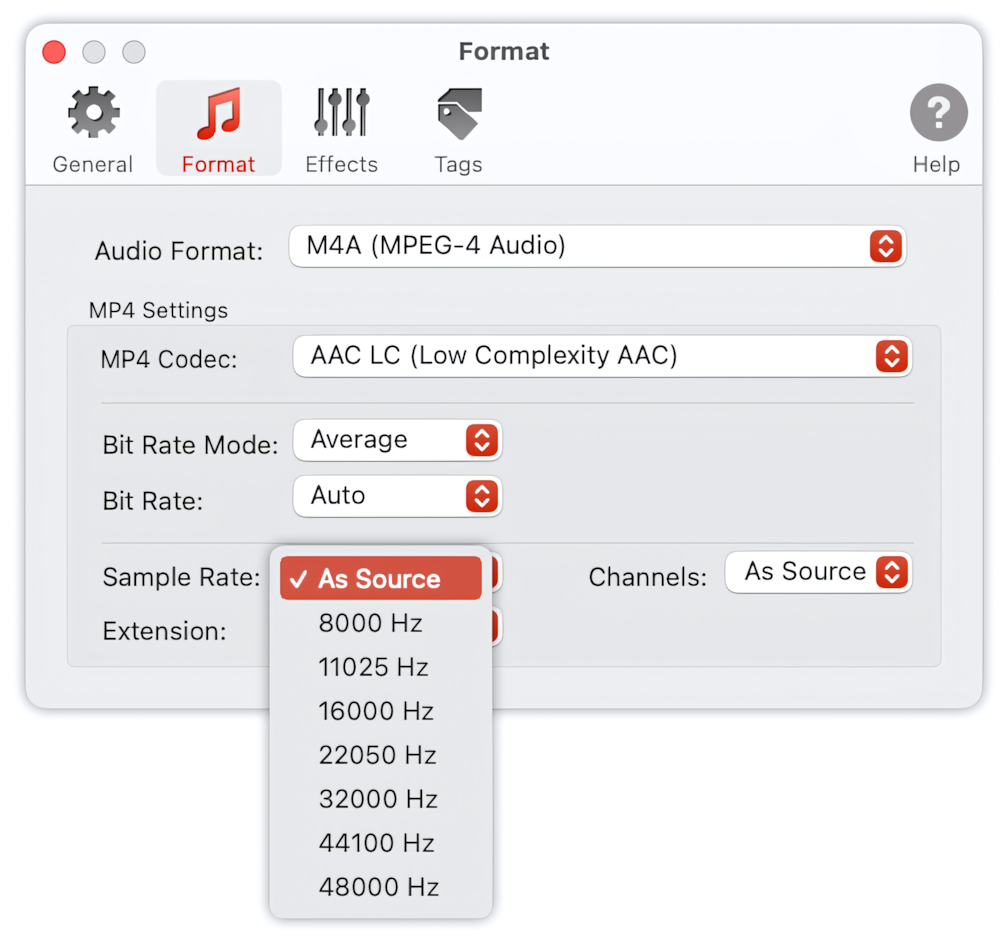 To Audio Converter - MP4/M4A Format Preferences - List of Supported Sample Rates
