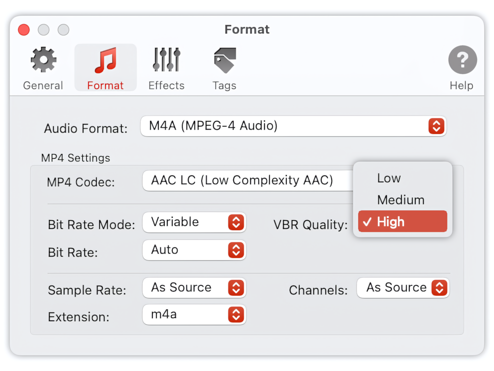 To Audio Converter - MP4/M4A Preferences - VBR Quality