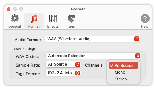 To Audio Converter - WAV Format Preferences - List of Channels