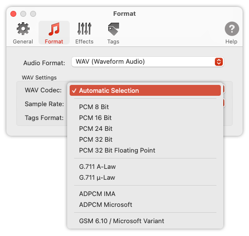 To Audio Converter - WAV Format Preferences - List of WAV codecs