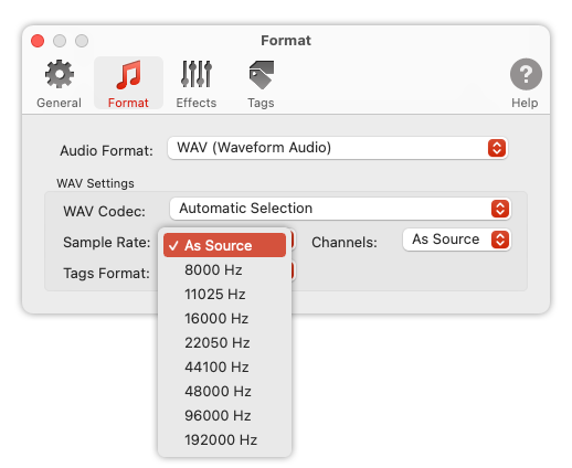 To Audio Converter - WAV Format Preferences - List of Sample Rates