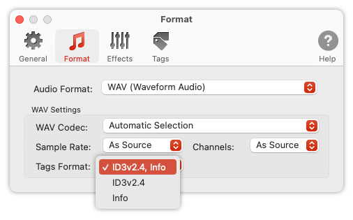 To Audio Converter - WAV Format Preferences - List of Tags Formats