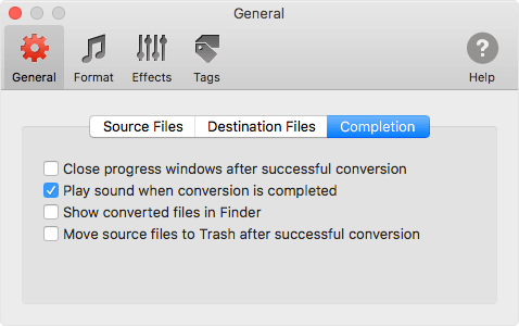 Completion of conversion preferences in To MP3 Converter for Mac OS X