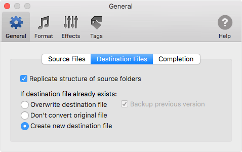 Destination files' preferences in To MP3 Converter for Mac OS X