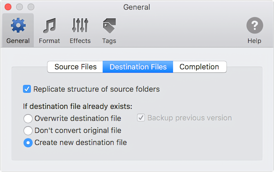 Destination files' preferences in To MP3 Converter for Mac OS X