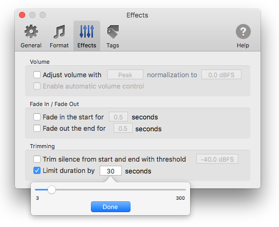 Limit duration of audio files in To MP3 Converter for Mac OS X