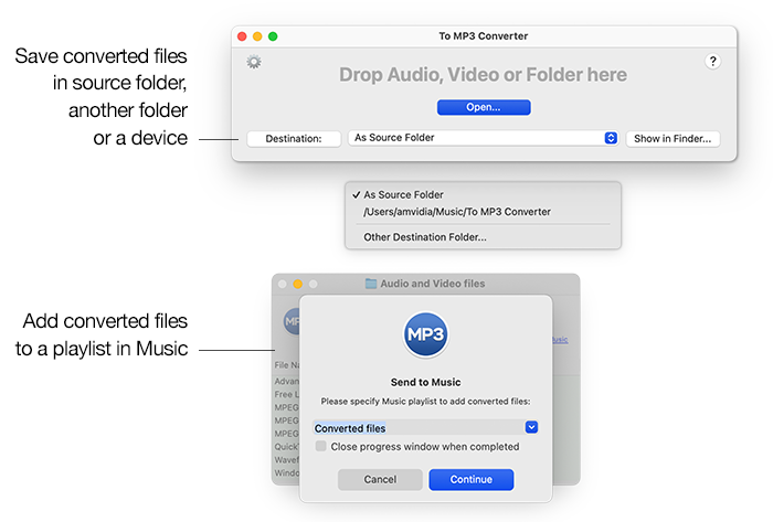 To MP3 Converter for Mac - Custom destination folder, 'As Source' destination folder, or device for MP3 conversion