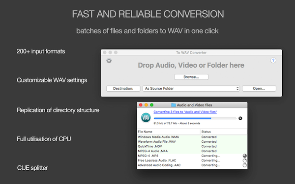 To WAV Converter for Mac - Fast and reliable conversion, batches of files and folders to customizable WAV in one click!