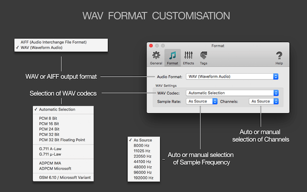 To WAV Converter for Mac - WAV format customization, auto-selection of parameters, WAV AIFF output formats, selection of WAV and AIFF codecs