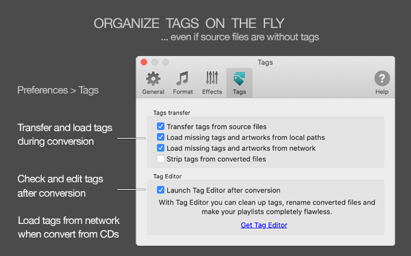 To WAV Converter for Mac - Set tags simultaneously with conversion, load tags from MusicBrainz or Discogs, transfer tags from source files, load tags from file names or folder names