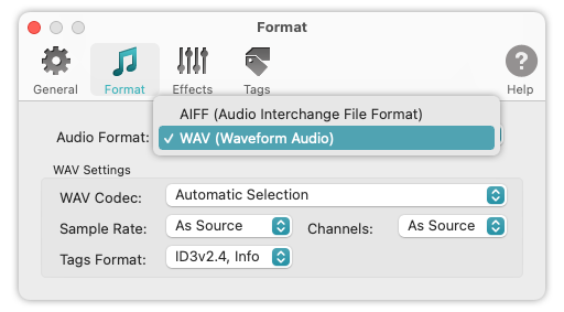 To WAV Converter for Mac - Selection of WAV Format