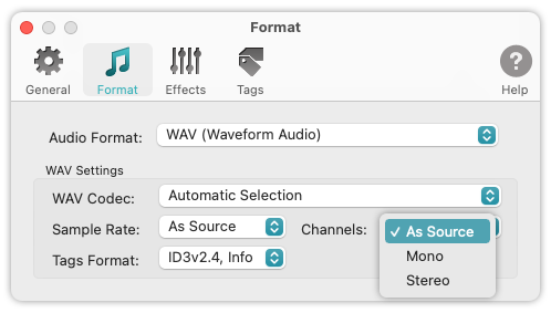 To WAV Converter for Mac OS - Supported Channels - Mono, Stereo and Auto